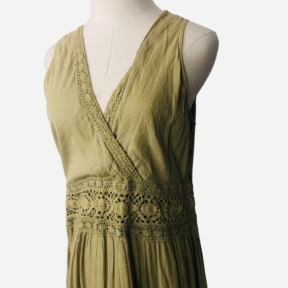 Boho Maxi Dress Green Cotton Crochet Lace Pullover Sundress - Picture 2 of 15